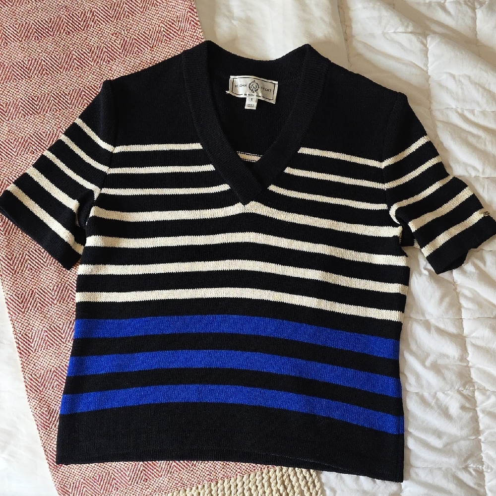 St. John Black Cream and Blue Striped V-Neck Wool Blend Sweater Small